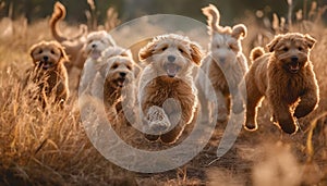 Small group of playful puppies running in the meadow outdoors generated by AI