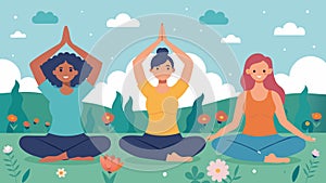 A small group of seasoned yogis taking deep breaths and reaching for the sky in a flowerfilled meadow.. Vector photo