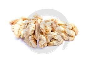 Small group of walnuts on a white background.