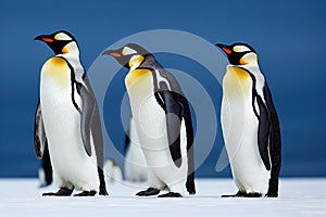 Small group of well-fed emperor penguins walking on ice.