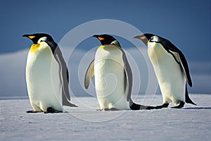 Small group of well-fed emperor penguins walking on ice.