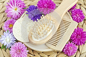 Small hair beard comb and wooden hair brush. Eco friendly toiletries. Natural beauty treatment, hair care or zero waste concept