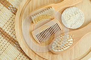 Small hair comb  wooden hair brush and body massage brush. Eco friendly toiletries.