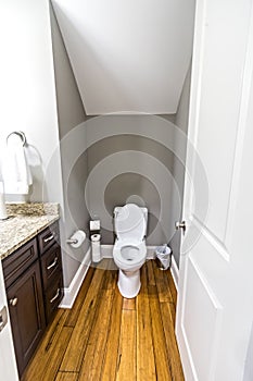 A small half bathroom in a new construction house