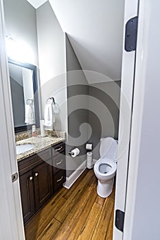 A small half bathroom in a new construction house