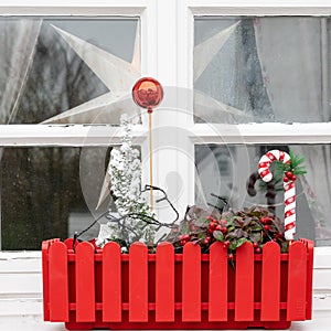 Window sill with Christmas decoration in red flower box. Small Christmas tree, red ball and red and white candy cane. photo