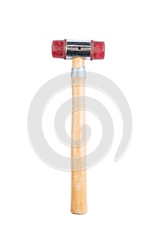 Small hammer with wooden handle and red rubber head isolated on a white background. Path saved. Construction equipment.