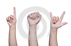 Small hand of child`s ,finger and arm of asia girl young, Child`s hands isolated on white background