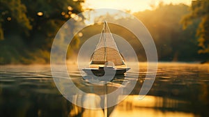 A small, handcrafted sailboat drifting lazily on a glassy pond at sunrise, the silence golden and undisturbed ,soft shadowns, no