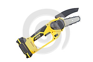 Small handheld lithium battery powered chainsaw for trimming, cutting trees or bushes branches, isolated on white background