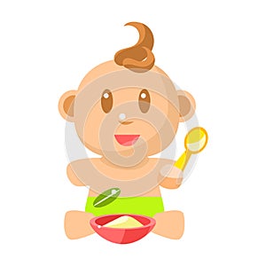 Small Happy Baby Boy In Green Nappy Eating Porridge With Spoon Vector Simple Illustrations With Cute Infant