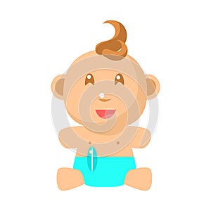 Small Happy Baby Sitting In Blue Nappy Vector Simple Illustrations With Cute Infant