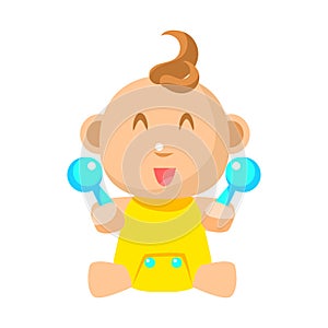 Small Happy Baby In Yellow Onesie With Two Toy Shakers Vector Simple Illustrations With Cute Infant