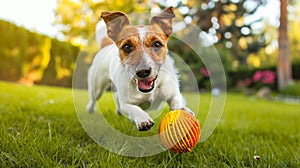 Small happy dog playing with pet toy ball at backyard lawn. Generative Ai