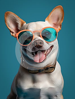 Small happy Terrier Chihuahua dog with glasses on a plain wall in a studio