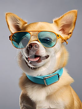 Small happy Terrier Chihuahua dog with glasses on a plain wall in a studio