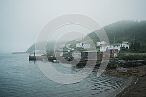 Small harbor on a foggy evening, Rose Blanche-Harbour le Cou, Newfoundland and Labrador, Canada