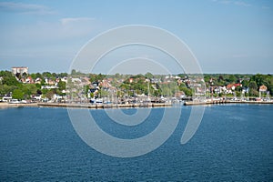 Small harbor port at Kiel with sea in front, aerial view, Germany