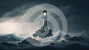 Small haunted lighthouse in a stormy sea on a tiny island. Generative AI