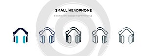 Small headphone icon in different style vector illustration. two colored and black small headphone vector icons designed in filled