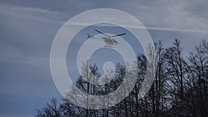 Small helicopter flies over trees