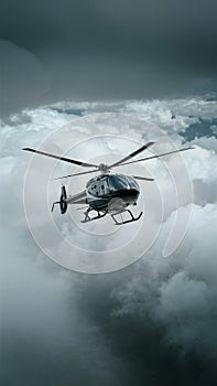 Small helicopter navigates through cloudy skies on its journey