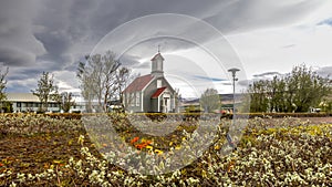 Historic church in rural Iceland Reykholtskirkja with cloudy sky