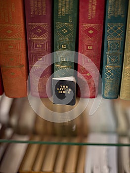 A small holy book of the Bible stands on a shelf near large multi-colored books.