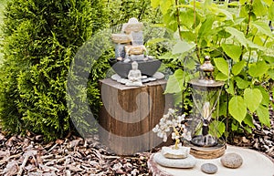 Small home garden private fountain with meditating Buddha statue between trees and bushes.