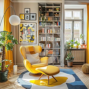 Small home library interior with big yellow chair, bright daylights, European design for tiny home, books on shelves