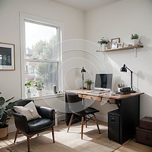 Small home office room with antique black table and comrortable armchair Northwest USA