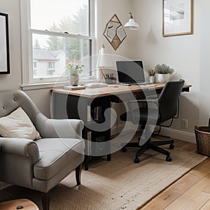 Small home office room with antique black table and comrortable armchair Northwest USA