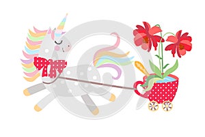 Small horse - unicorn harnessed to cart in the form of red cup on castors with large beautiful flower in it, rides