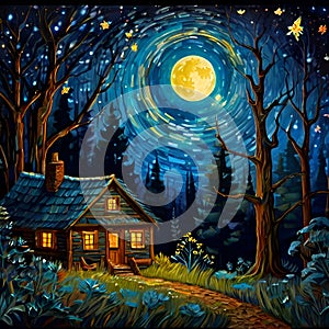 A small house in a breathtaking forest, in a moonlit night, stars, warm light from the house, wildflower, tree arounds, painting