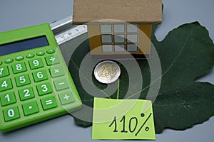 A small house on a fig leaf,with a coin, a ruler,a calculator and a ticket. House bonus concept