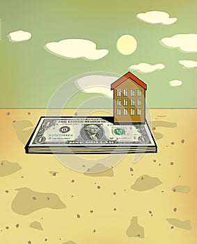 Small house on the foundation of a bundle of dollar bills. Mortgage. Down payment. Illustration