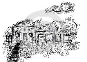 Small house, garage and trees with cube hatching. Hand drawn chinese ink sketch on paper textures. Incdrawn collection. Bitmap