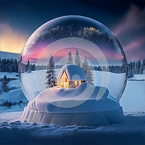 Small House Inside a Snow Globe with Winter Forest