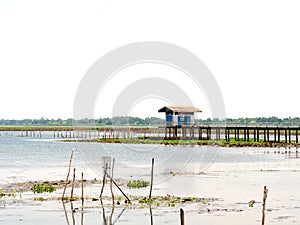 Small house in lake river for keep tool equipment of fisherman