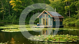 Small House on Lake Surrounded by Lily Pads, Tranquil Nature Scene, A floating houseboat calmly nestled among lily pads on a lake