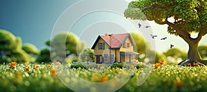 Small House in the Middle of a Field with Trees: An Illustration