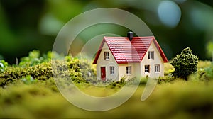 Small house model in green moss. Dream house concept.
