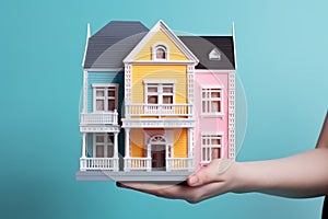 Small house model in human hands on blue background, mortgage and home protection concept, AI Generated