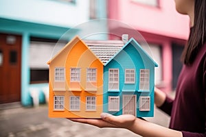Small house model in human hands, mortgage and home protection concept, AI Generated