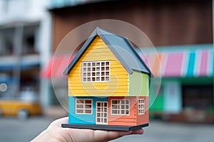 Small house model in human hands, mortgage and home protection concept, AI Generated