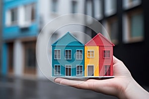 Small house model in human hands, mortgage and home protection concept, AI Generated