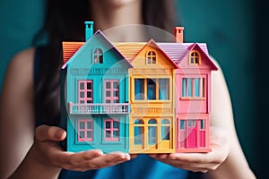 Small house model in human hands, mortgage and home protection concept, AI Generated