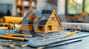 A small house model sits on a blueprint with pencils and tools