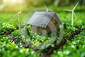 Small house is placed on the grass with wind turbines and solar panels.