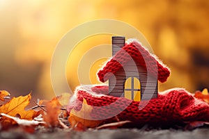 A small house in a red scarf and hat against an autumn backdrop with yellow leaves. Idea of keeping homes warm with